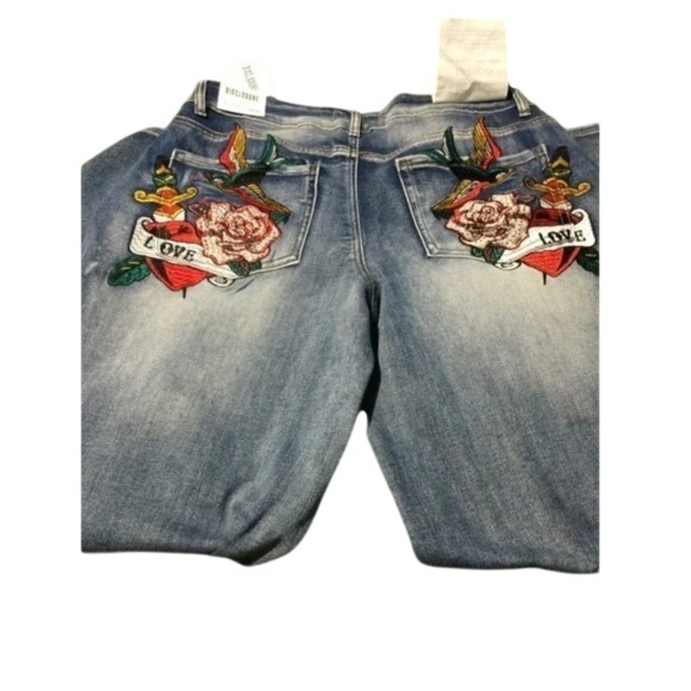 Disclosure‎ Wide Leg Embroidered Tattoo women Jeans Light Wash Rose  Love 7/28